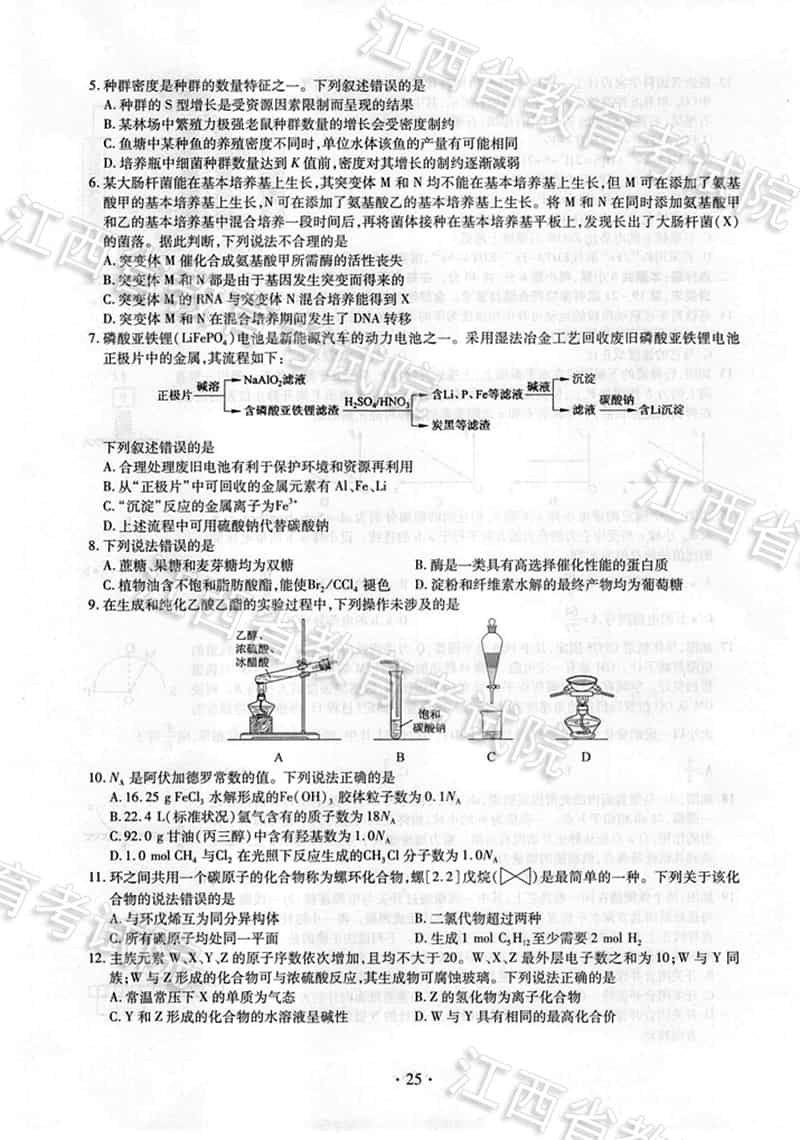 2018江西高考理科综合能力测试试题、参考答案