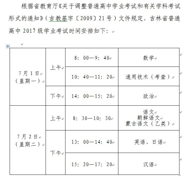 2019年7月吉林高中学业水平考试时间安排