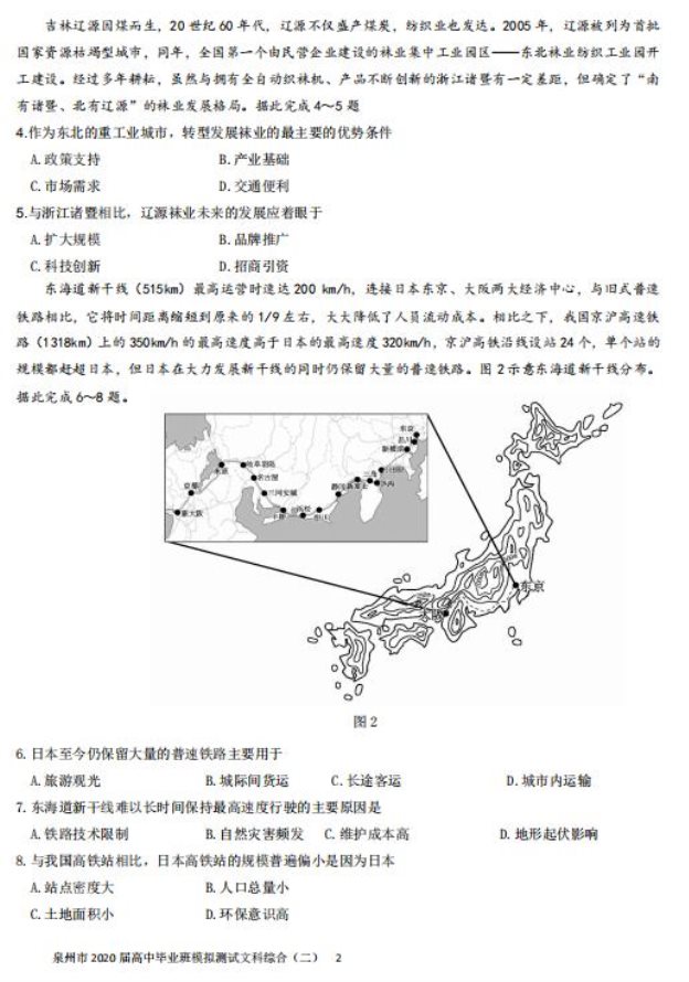 2020年福建省高三毕业班文科综合4月模拟测试