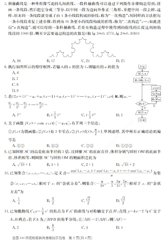 2021全国100所名校理科数学模拟卷（含答案）