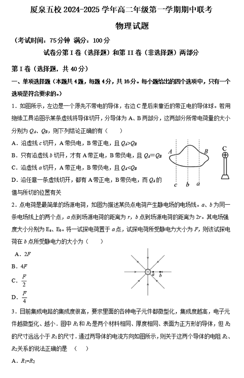 厦泉五校2024年11月高二上学期期中联考物理试题及答案