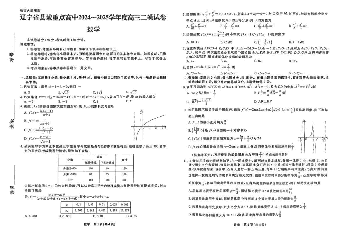 辽宁省县域重点高中2025年高三二模数学试题及答案