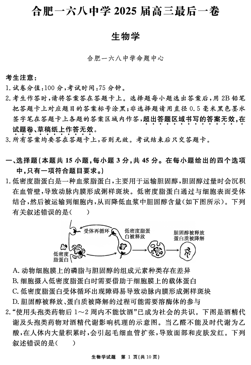 合肥一六八中学2025届高三最后一卷生物试题及答案