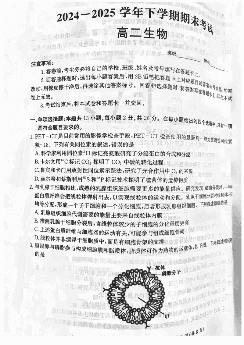河北省级联测2024-2025学年高二下学期6月期末生物试题及答案
